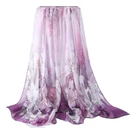 Extra Wide High Quality Silk Chiffon Scarf Purple Theme Lily Print SCH501