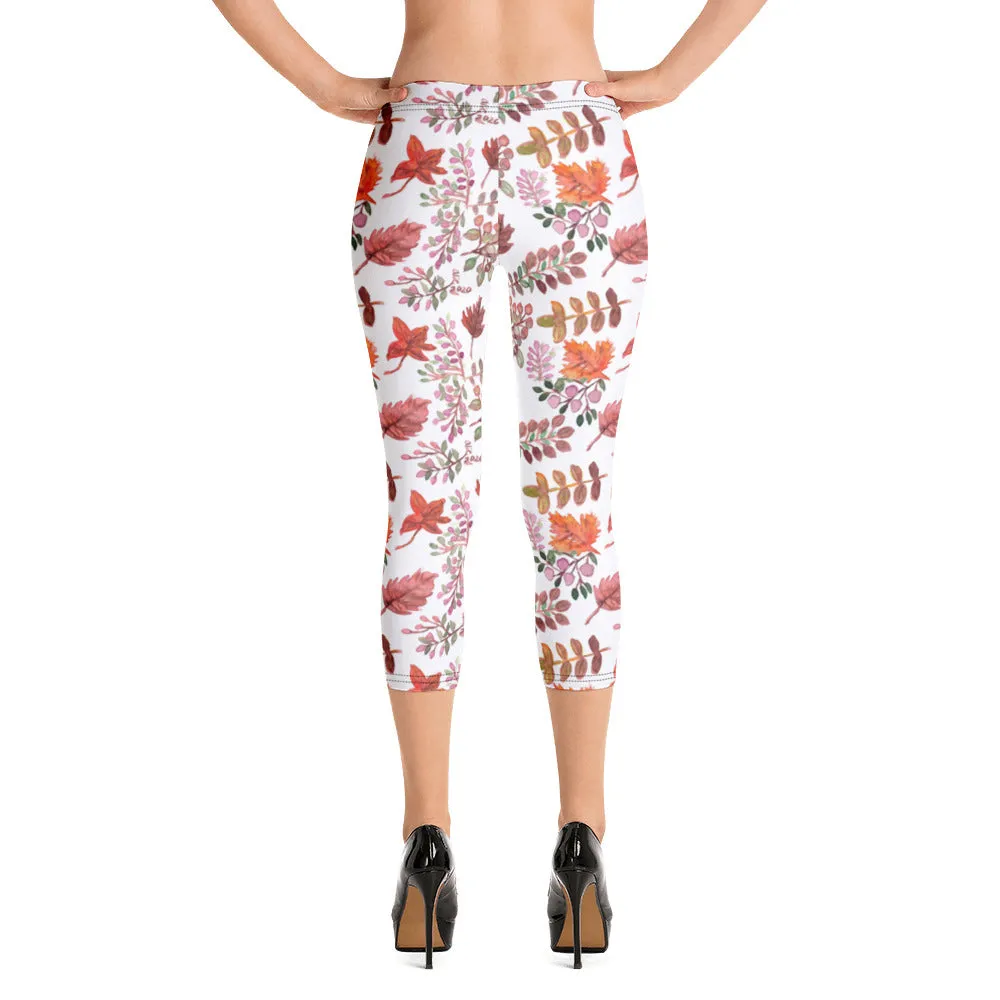 Fall Leaves Floral Capri Leggings, Autumn Red Leaves Print Designer Premium Quality Women's Capris Tights- Made in USA/EU/MX