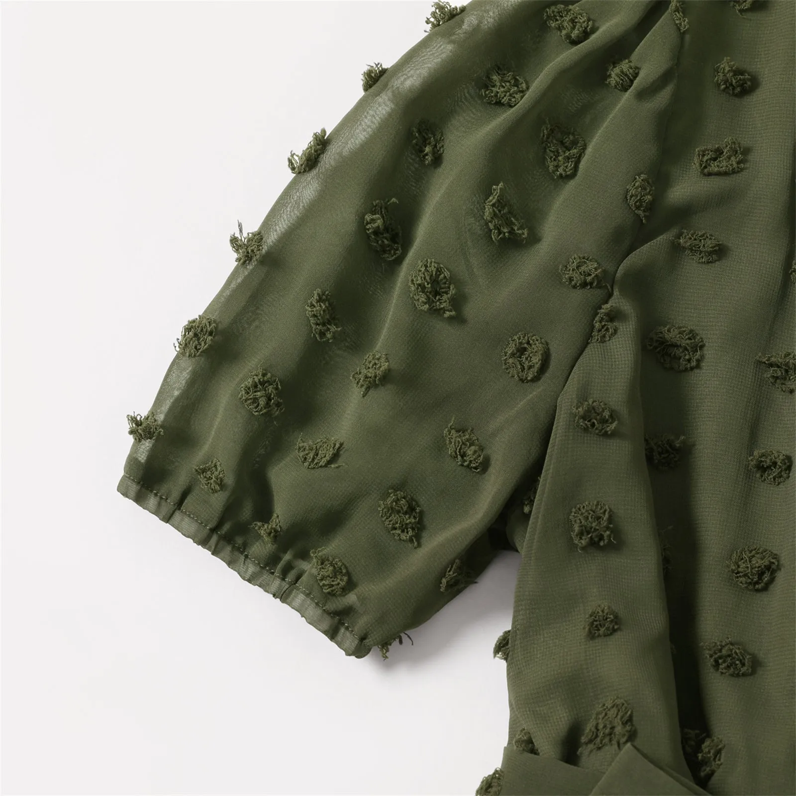 Family Matching Dress Army Green Swiss Dots Cross Wrap V Neck Short-sleeve Dresses and T-shirts