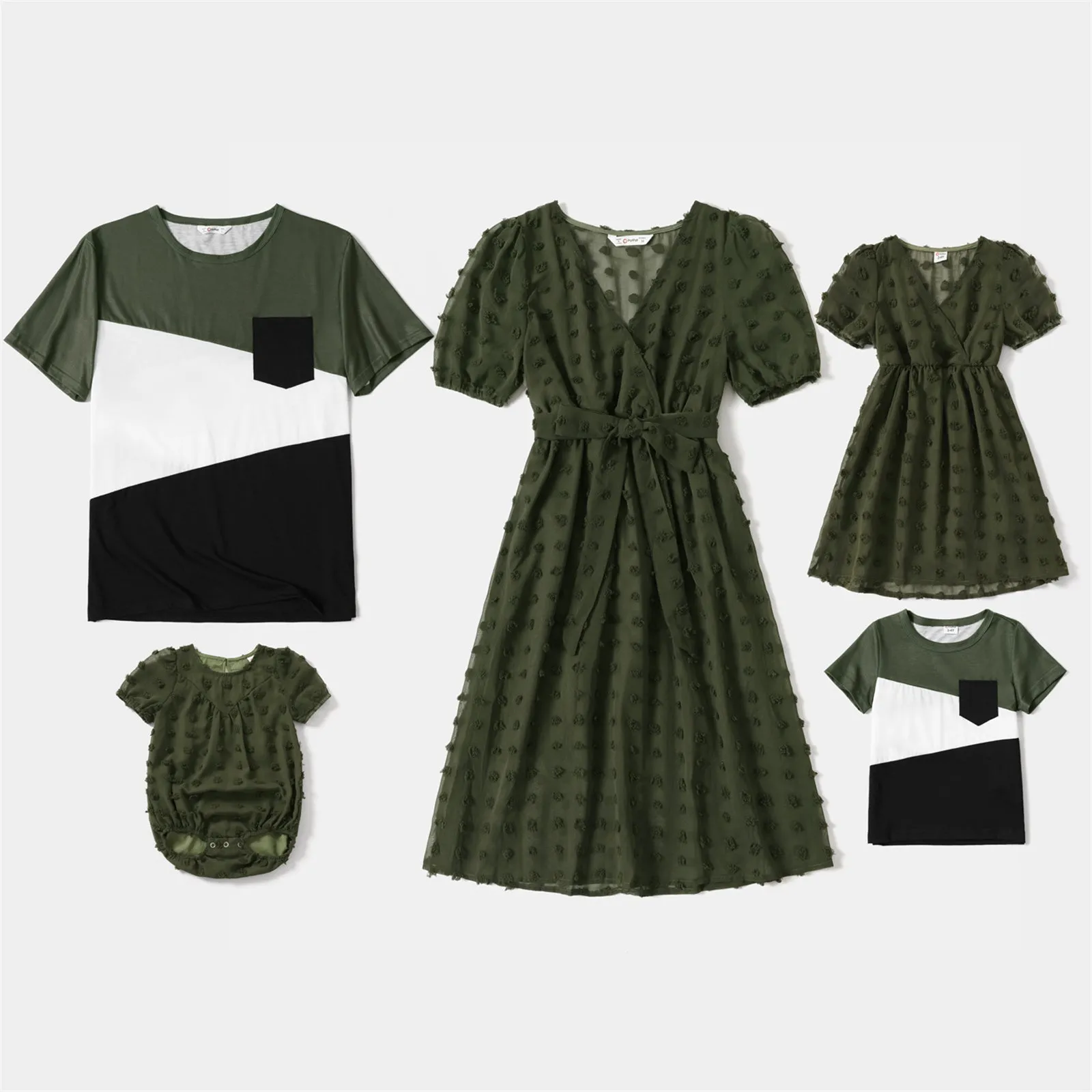 Family Matching Dress Army Green Swiss Dots Cross Wrap V Neck Short-sleeve Dresses and T-shirts