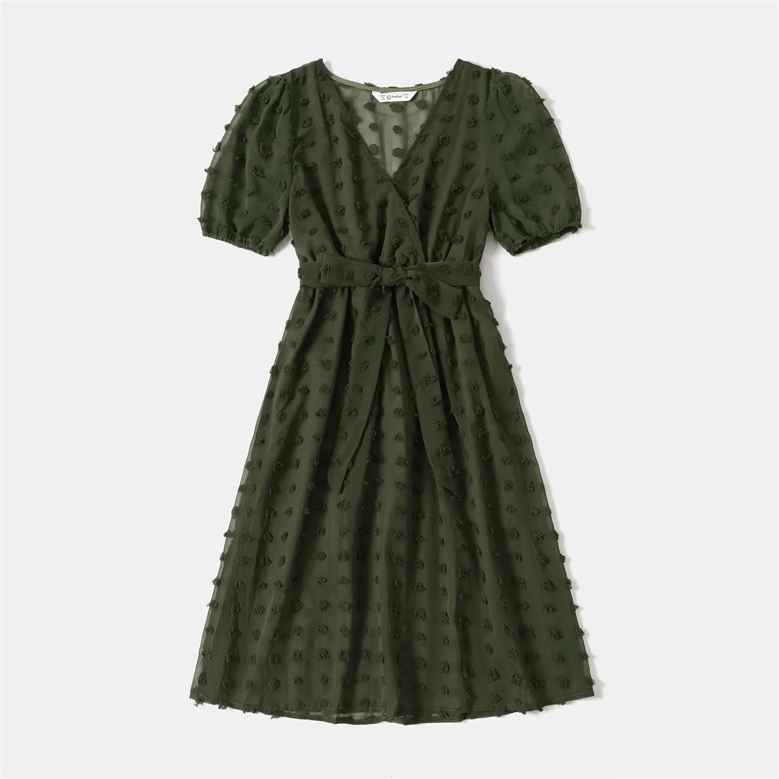 Family Matching Dress Army Green Swiss Dots Cross Wrap V Neck Short-sleeve Dresses and T-shirts