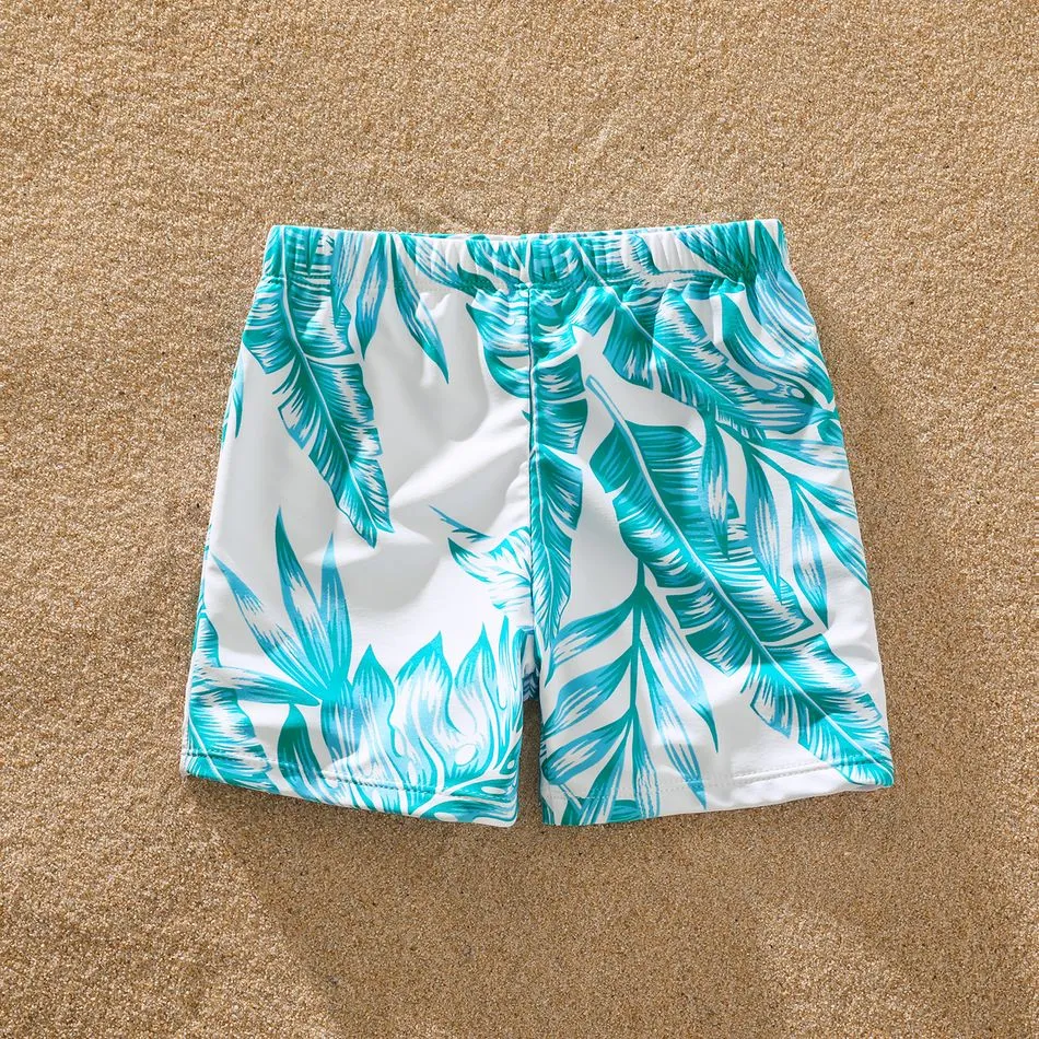 Family Matching Swimsuit Banana Leaves One Piece Color Block Swimsuit and Swim Trunks