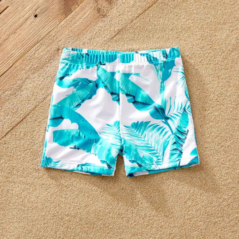 Family Matching Swimsuit Banana Leaves One Piece Color Block Swimsuit and Swim Trunks