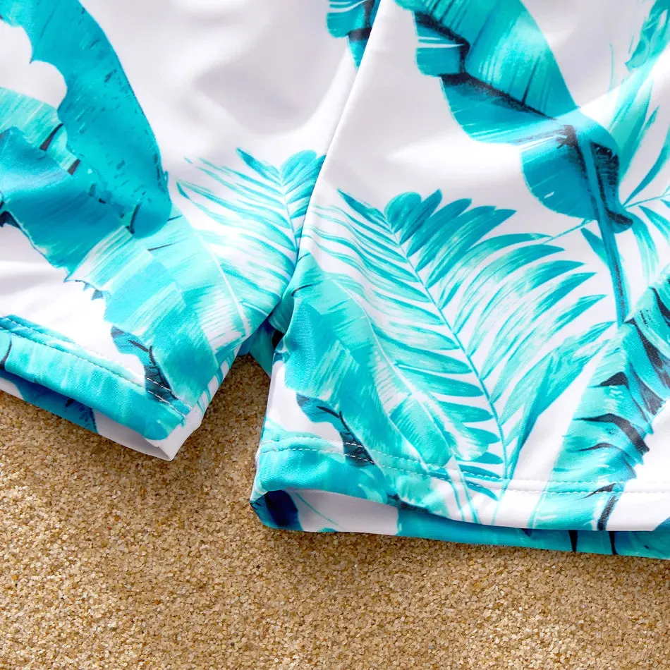 Family Matching Swimsuit Banana Leaves One Piece Color Block Swimsuit and Swim Trunks