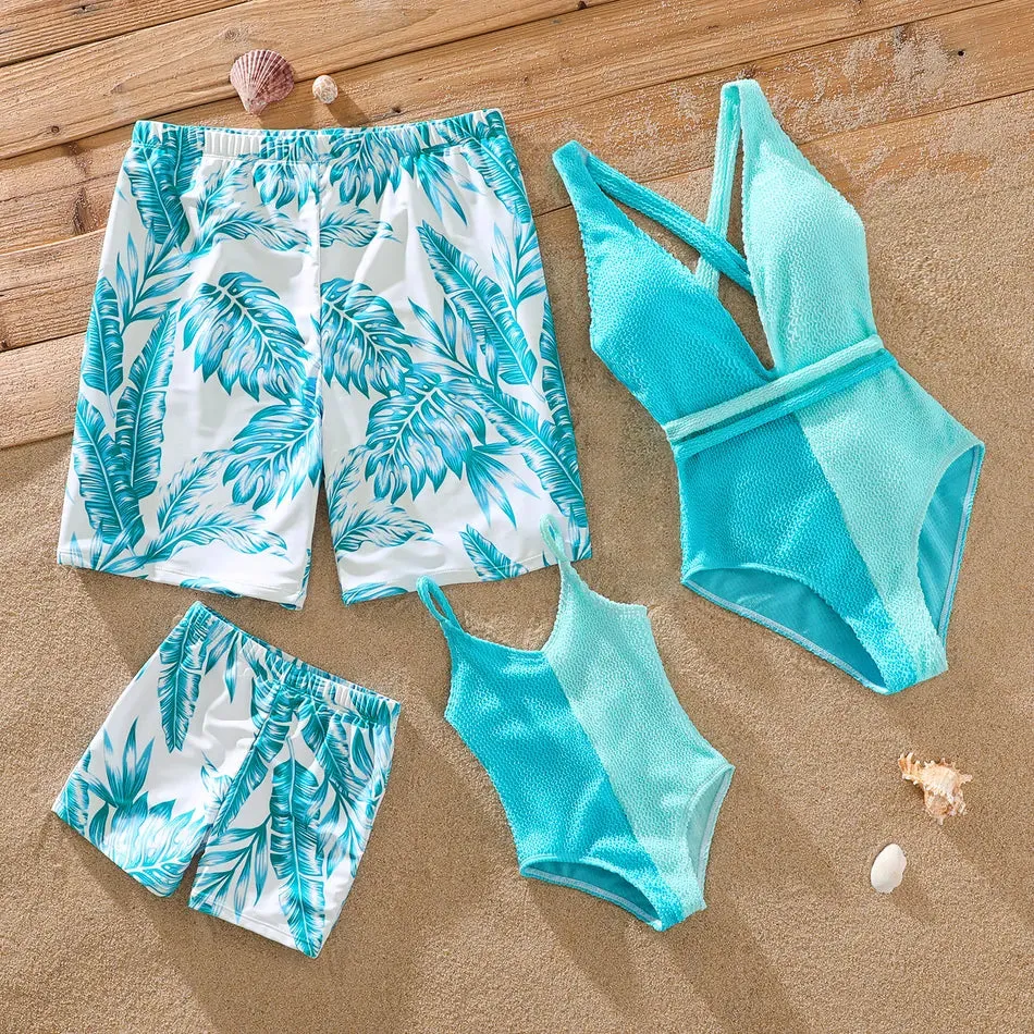 Family Matching Swimsuit Banana Leaves One Piece Color Block Swimsuit and Swim Trunks