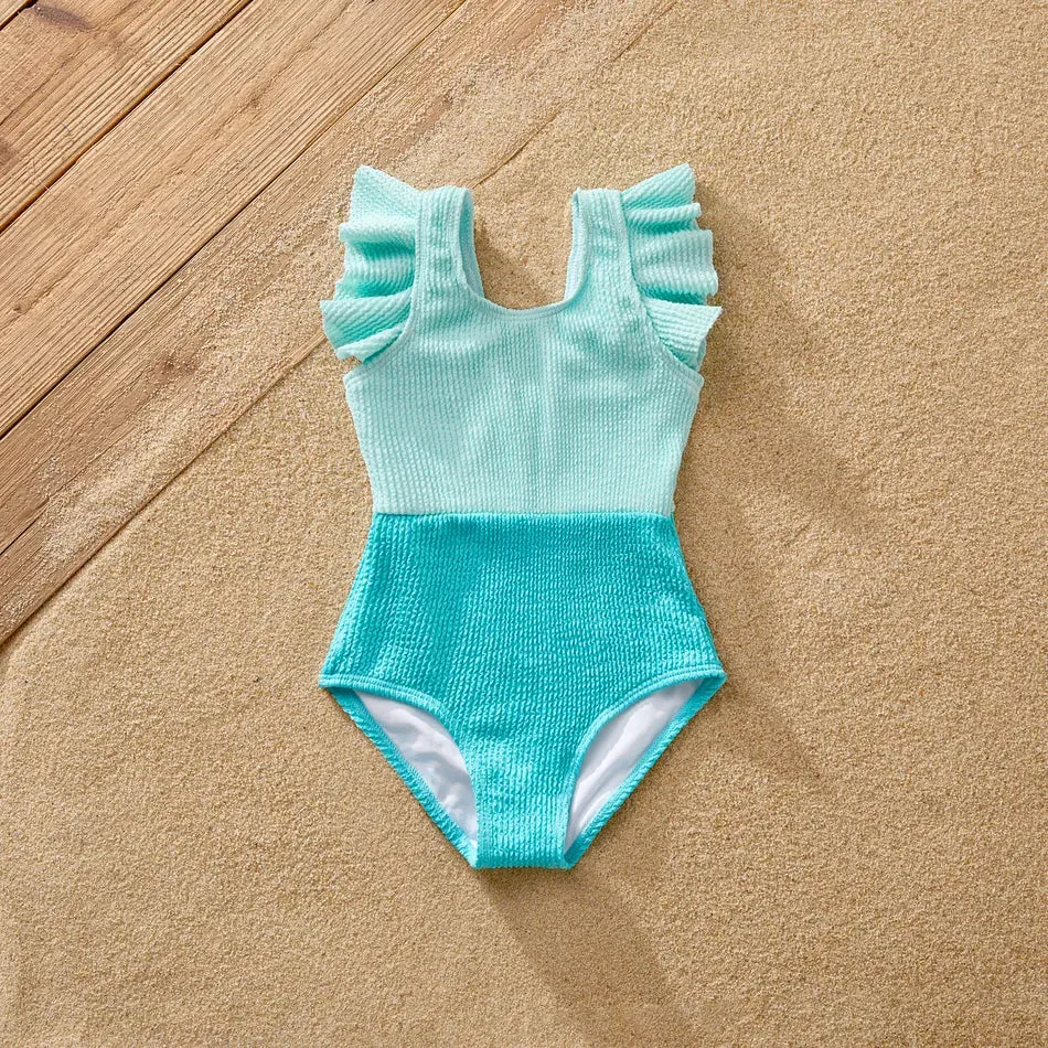 Family Matching Swimsuit Banana Leaves One Piece Color Block Swimsuit and Swim Trunks