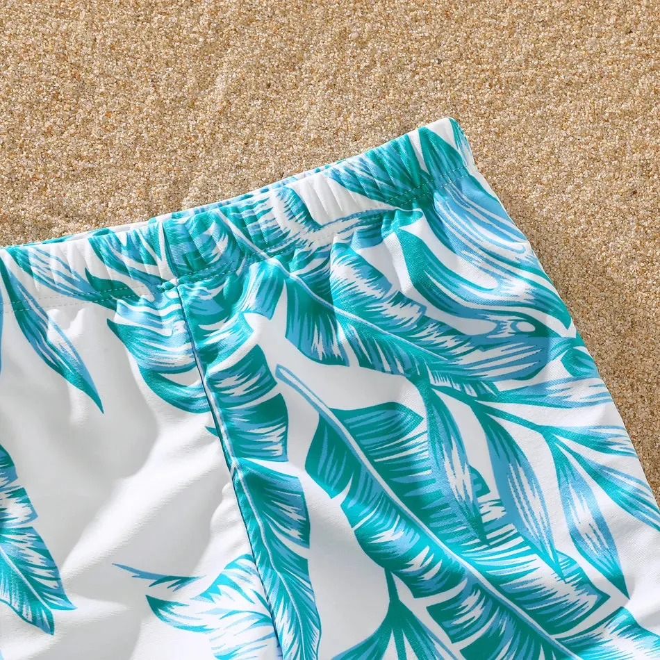 Family Matching Swimsuit Banana Leaves One Piece Color Block Swimsuit and Swim Trunks