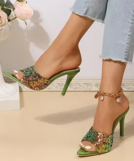 Fashion Green Sequins Splicing Stiletto High Heels Slide Sandals DD1040