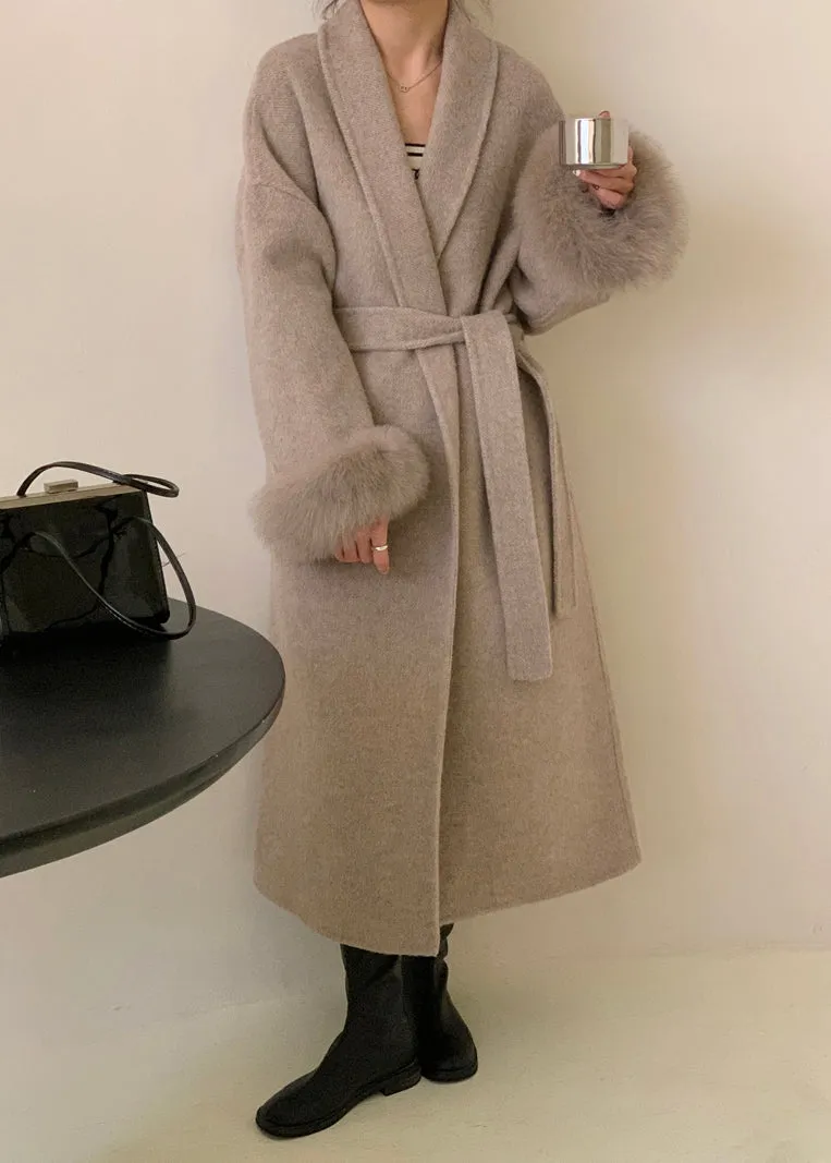 Fashion Grey Fox Fur Patchwork Woolen Duster Coat Winter RS043