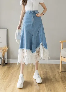 Fashion Light Blue Asymmetrical Design Lace Patchwork Denim Skirt Spring