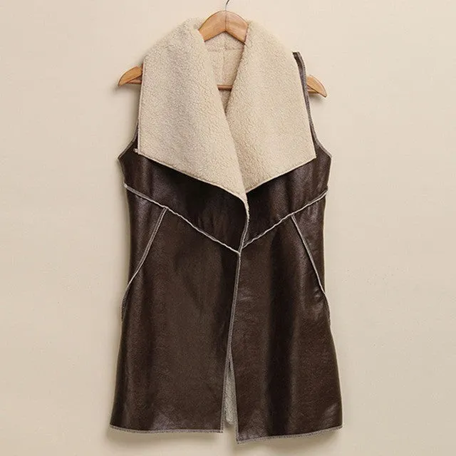 Fashion Women Warm Faux Fur Collar Long Leather Waistcoat Coat Outerwear Vest Casual Jacket