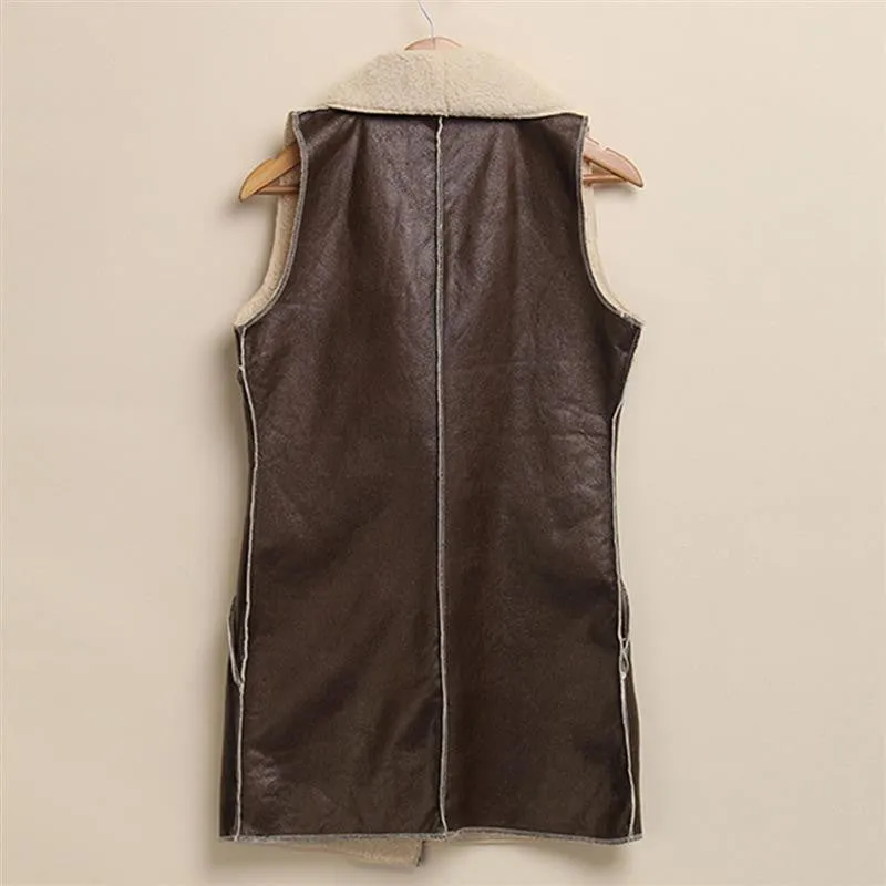 Fashion Women Warm Faux Fur Collar Long Leather Waistcoat Coat Outerwear Vest Casual Jacket