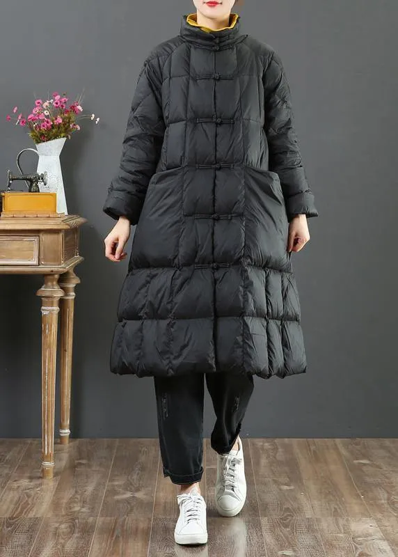 fine  Loose fitting long coat winter jacket black stand collar Chinese Button woolen outwear