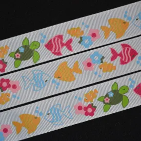 Fish and Turtle Ribbon - 7/8 inch Printed Grosgrain