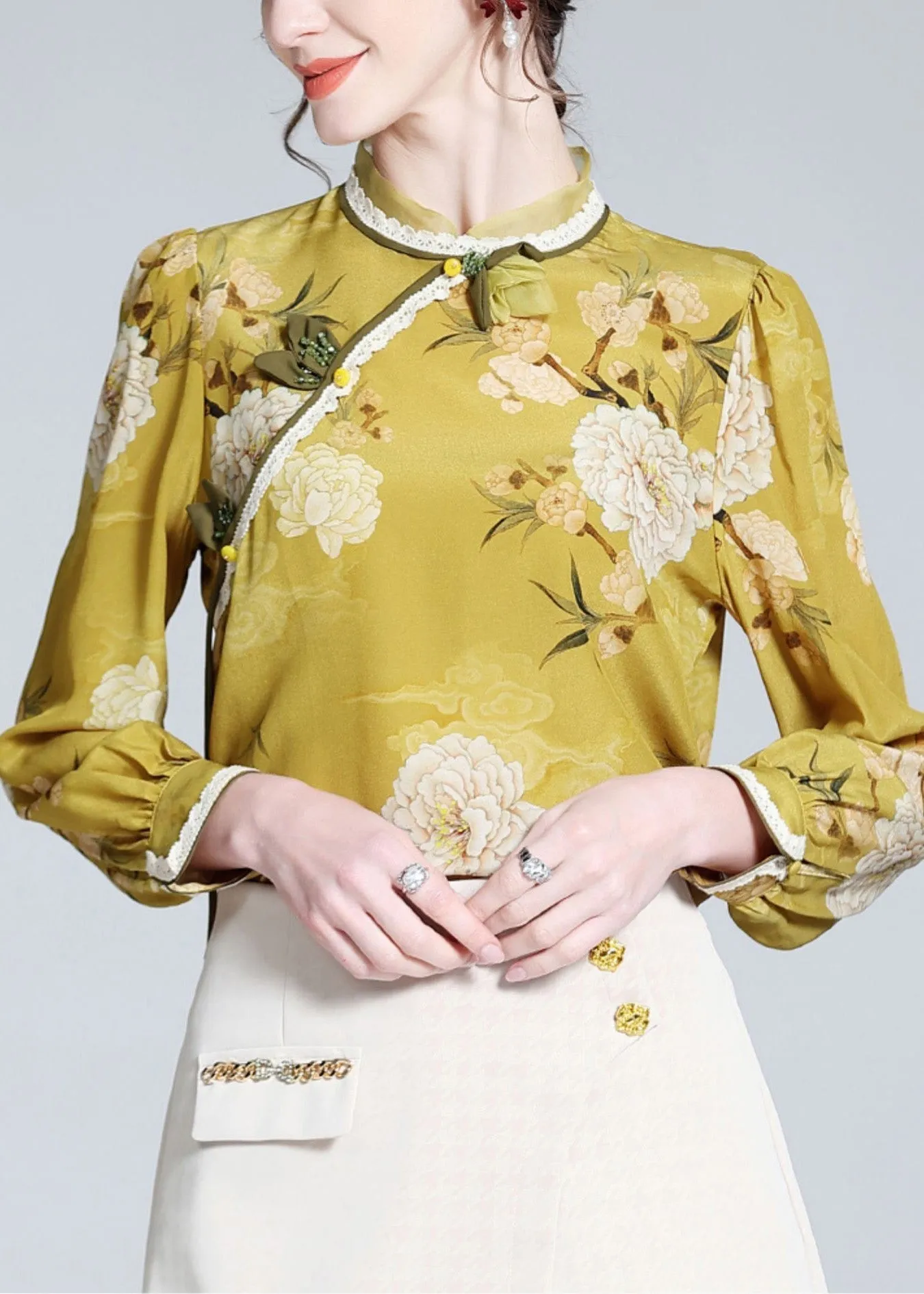 Fitted Yellow Stand Collar Print Silk Shirts AC3014