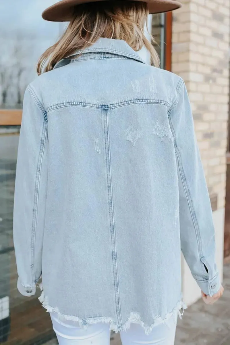 Flap Pocket Button Raw Hem Denim Shacket Ladies - Order Now!