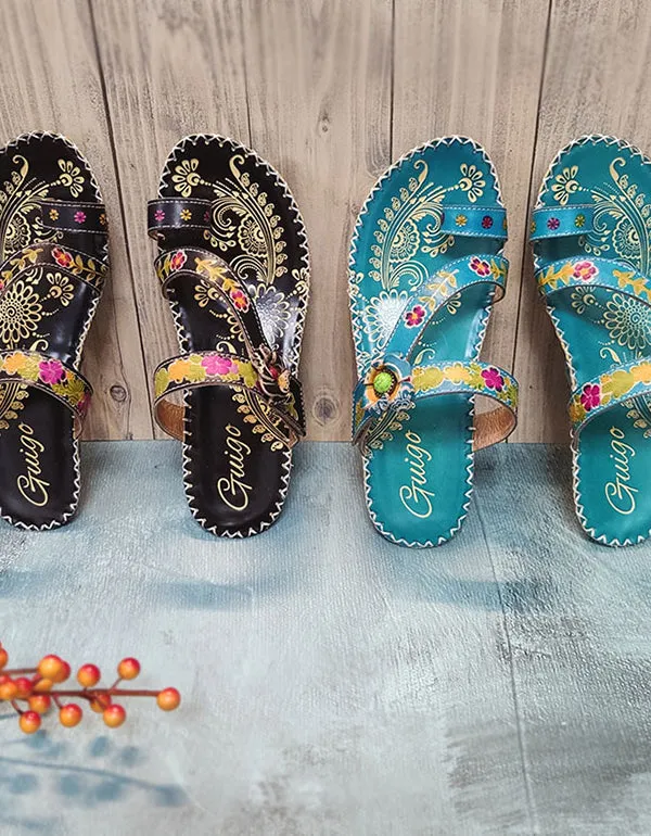 Flip-Flops Cowhide Ethnic Shoes Handmade Floral