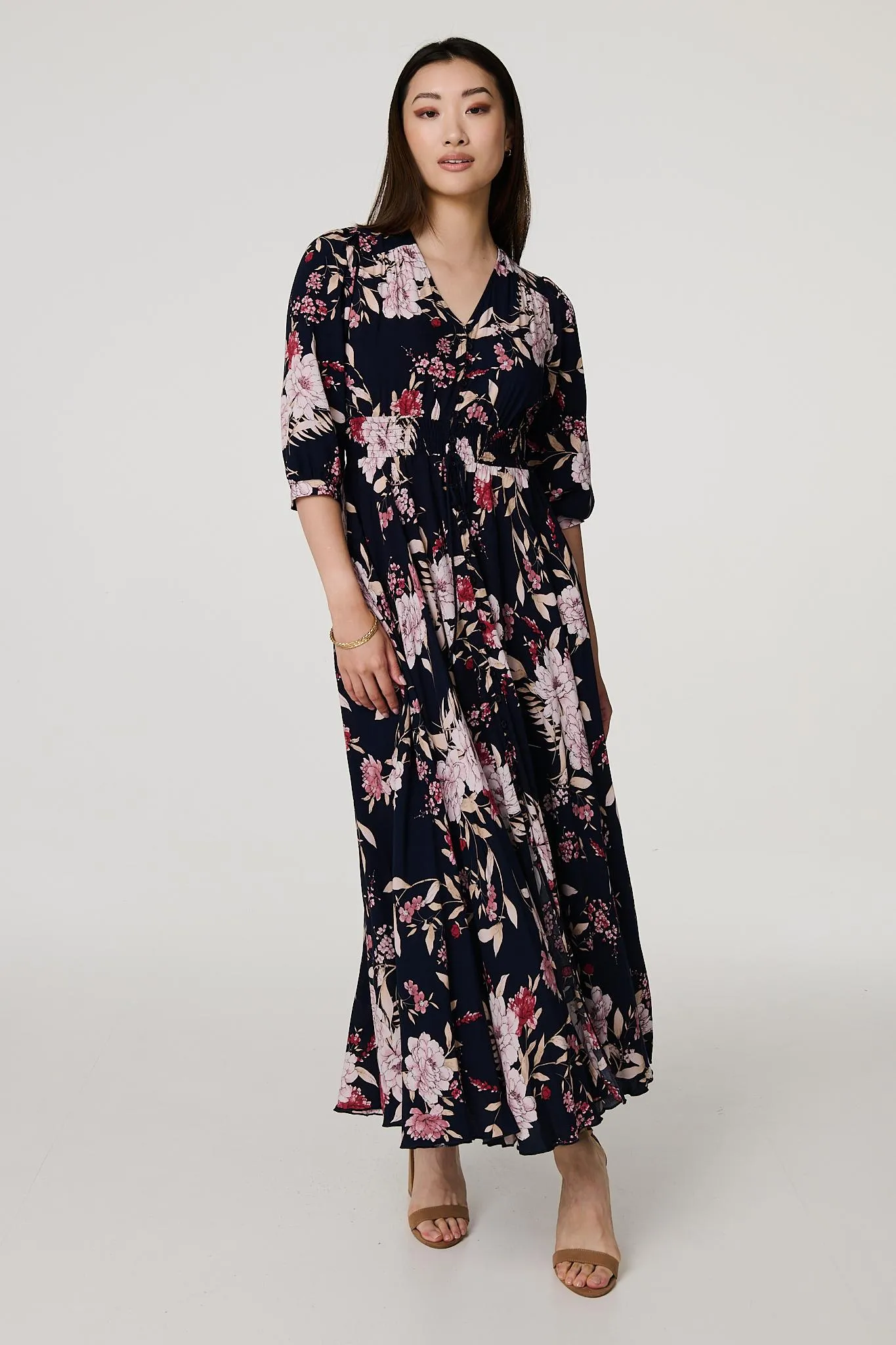 Floral 3/4 Sleeve A-Line Maxi Dress