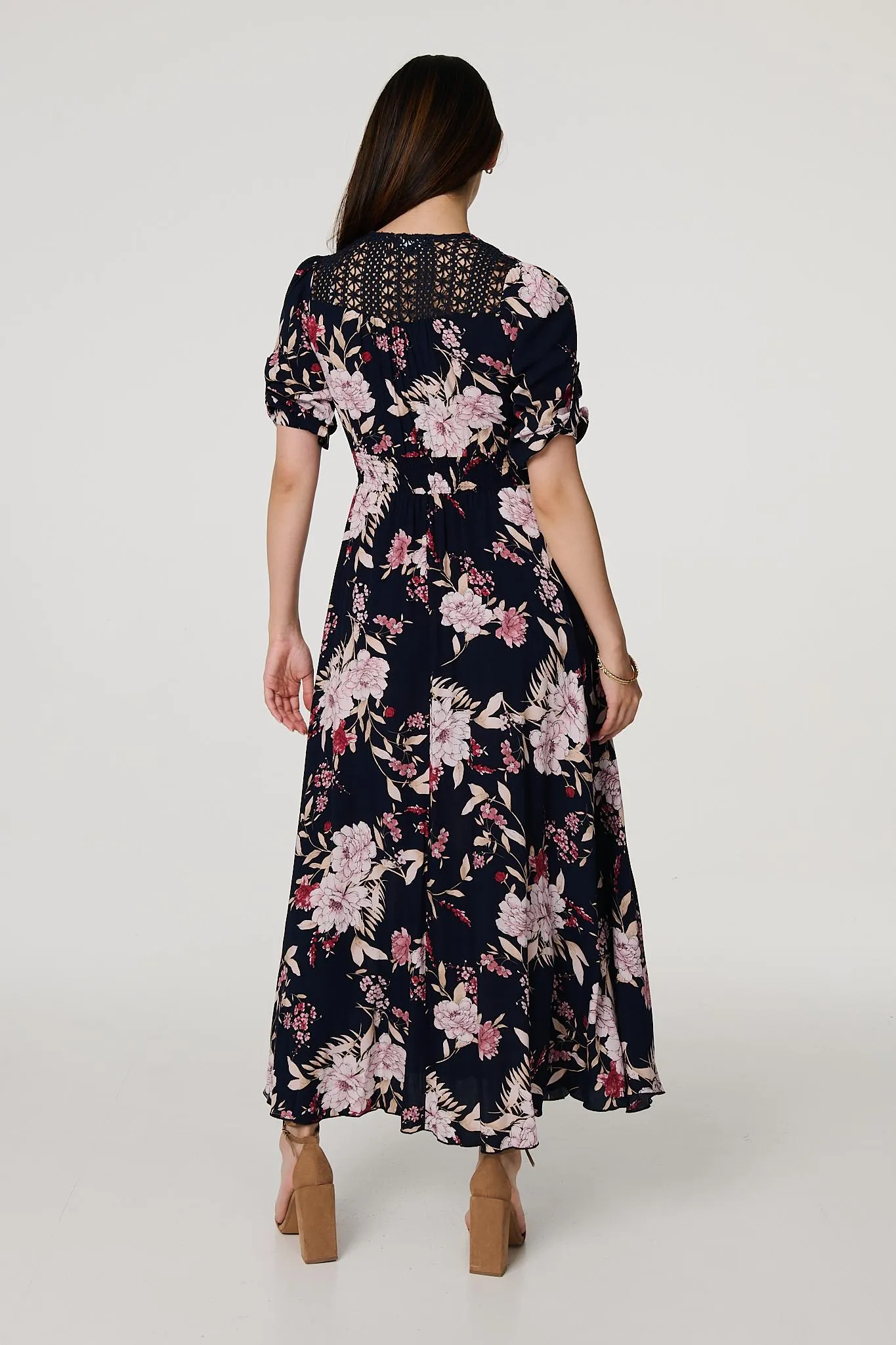 Floral 3/4 Sleeve A-Line Maxi Dress