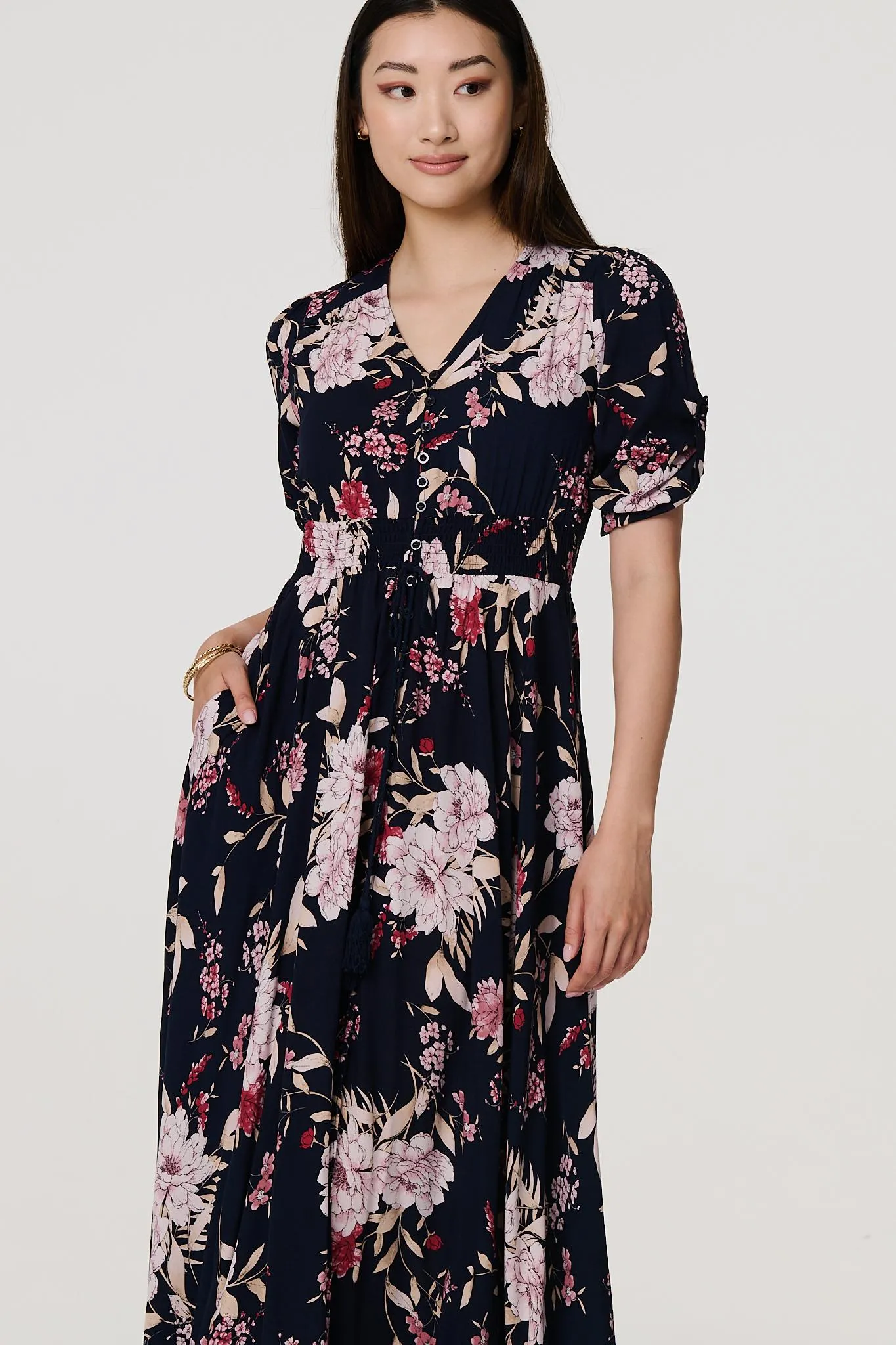 Floral 3/4 Sleeve A-Line Maxi Dress