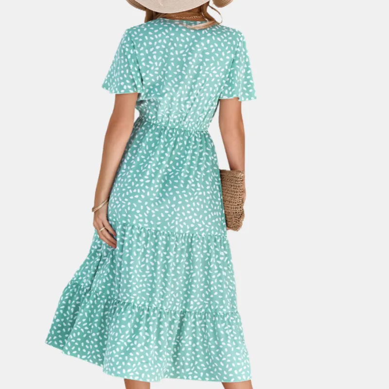 Floral Green Dress | Button Up Short Sleeve