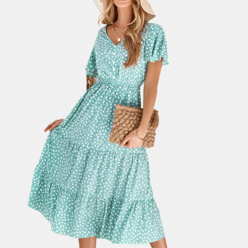 Floral Green Dress | Button Up Short Sleeve