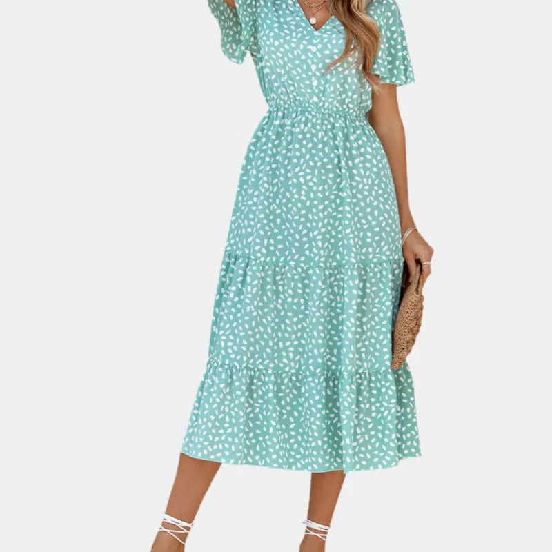 Floral Green Dress | Button Up Short Sleeve