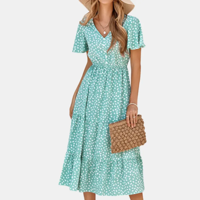 Floral Green Dress | Button Up Short Sleeve