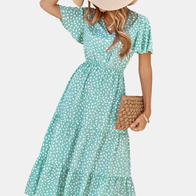 Floral Green Dress | Button Up Short Sleeve