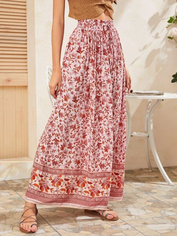 Floral Print Drawstring Waist Maxi Skirt