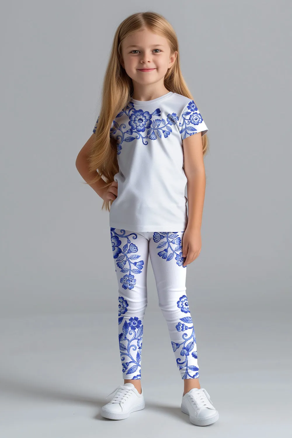 Flowerful Lucy White Blue Floral Print Sporty Dance Leggings - Girls