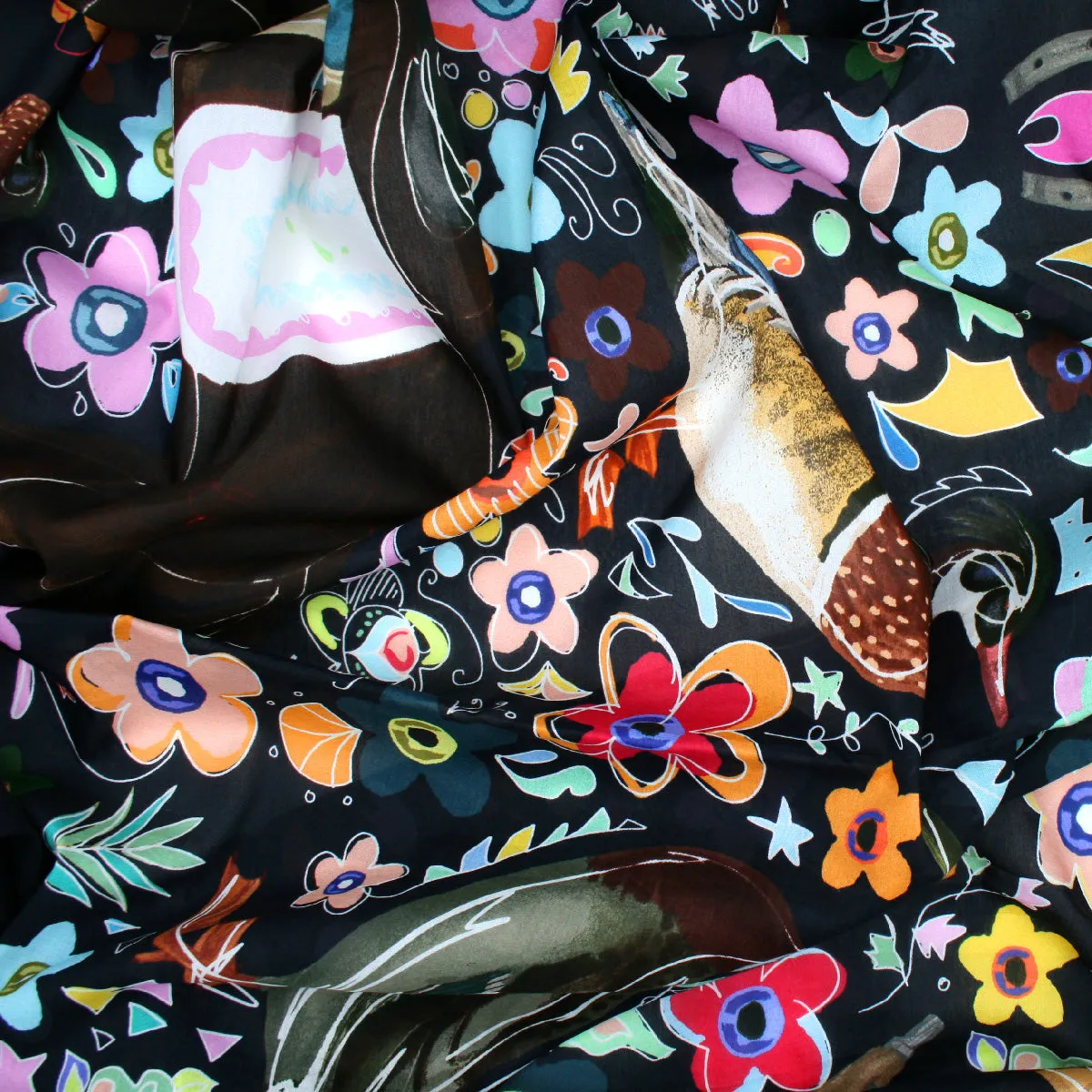 Flowers and animals black scarf 130