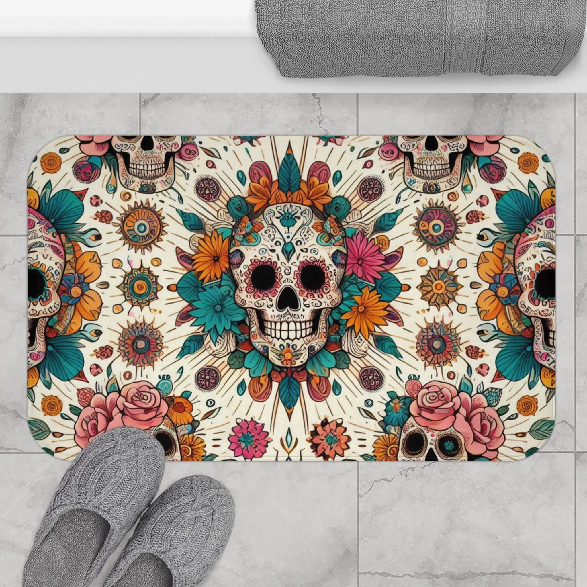 Flowers with Sugar Skull - Bath Mat