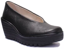 Fly London Yaz Leather Wedge Shoes In Black For Women