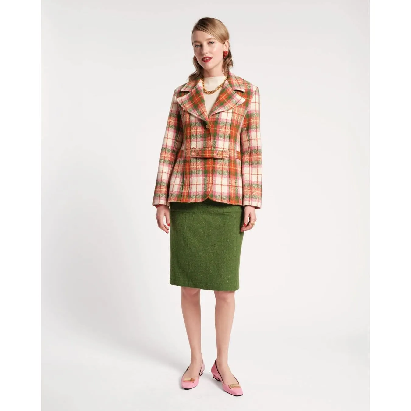 Frances Valentine Bobby Blazer Wool Central Park Plaid Pink Green