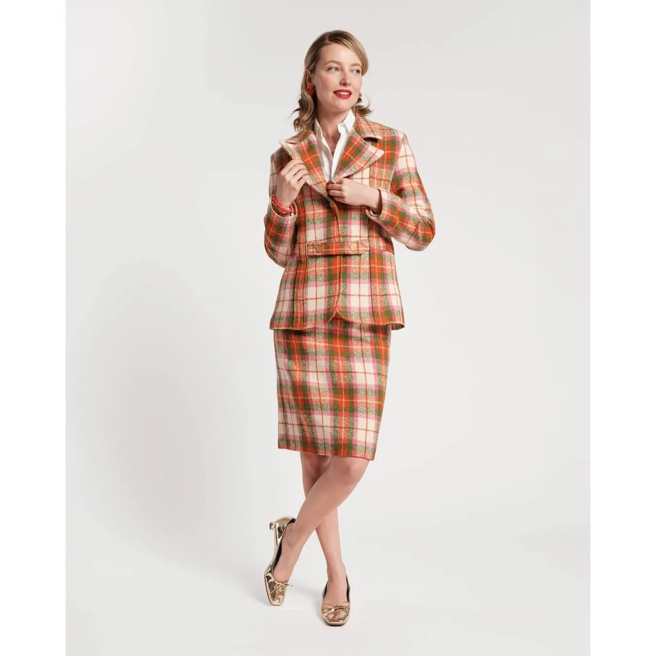 Frances Valentine Bobby Blazer Wool Central Park Plaid Pink Green