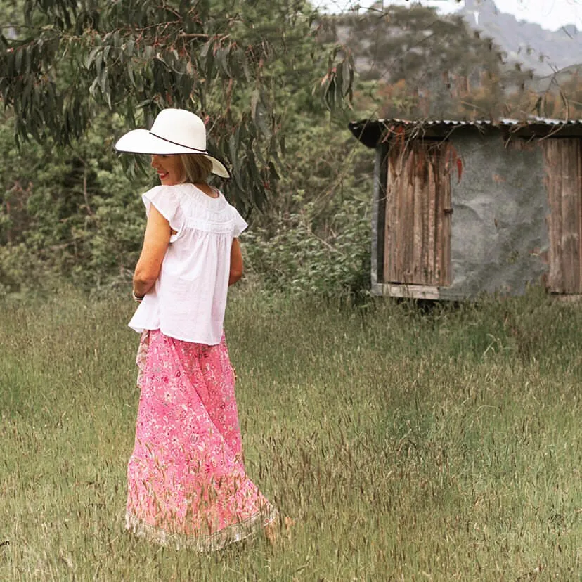 French Pink Ruffle Midi Skirt