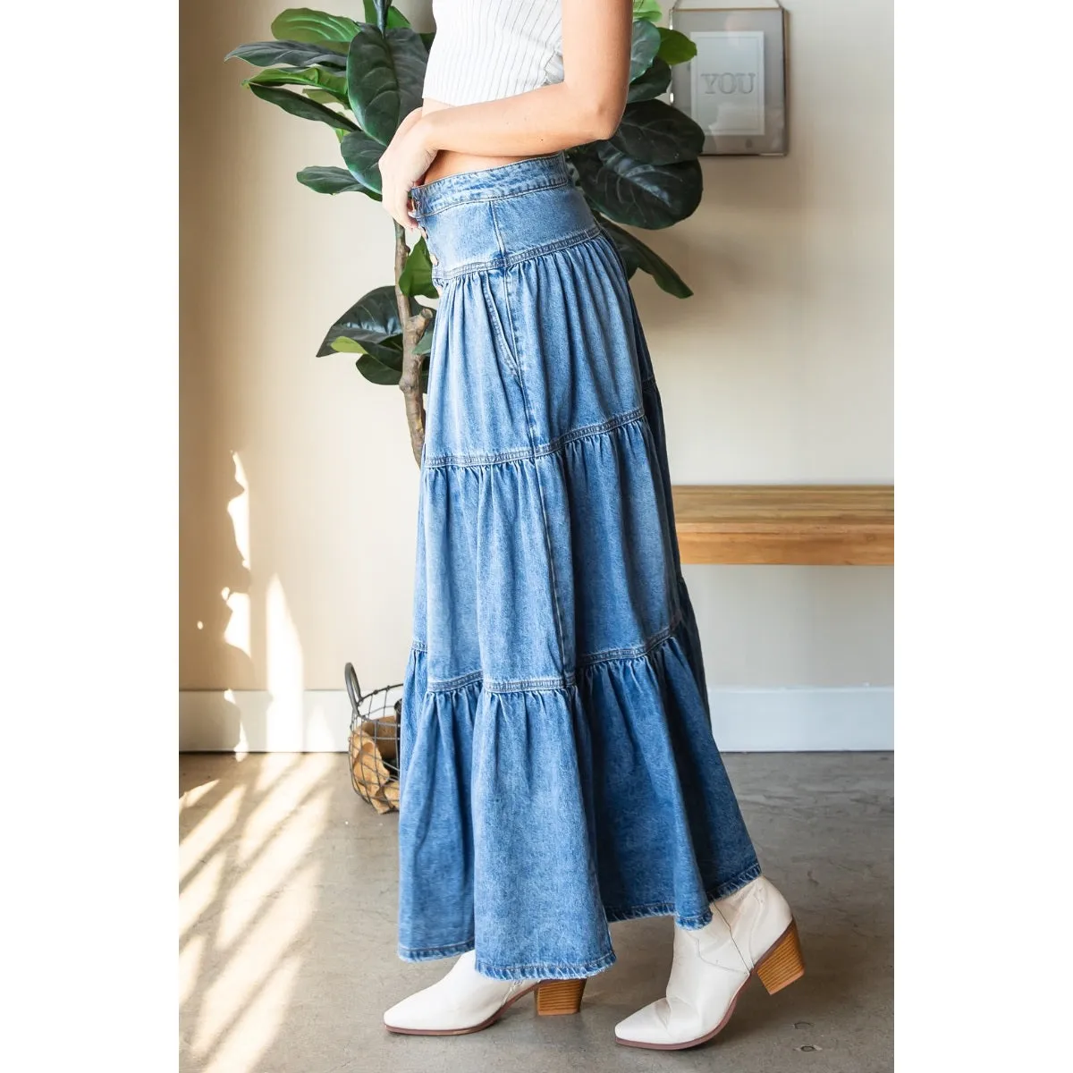 Front Button 3 Tiered Denim Skirt