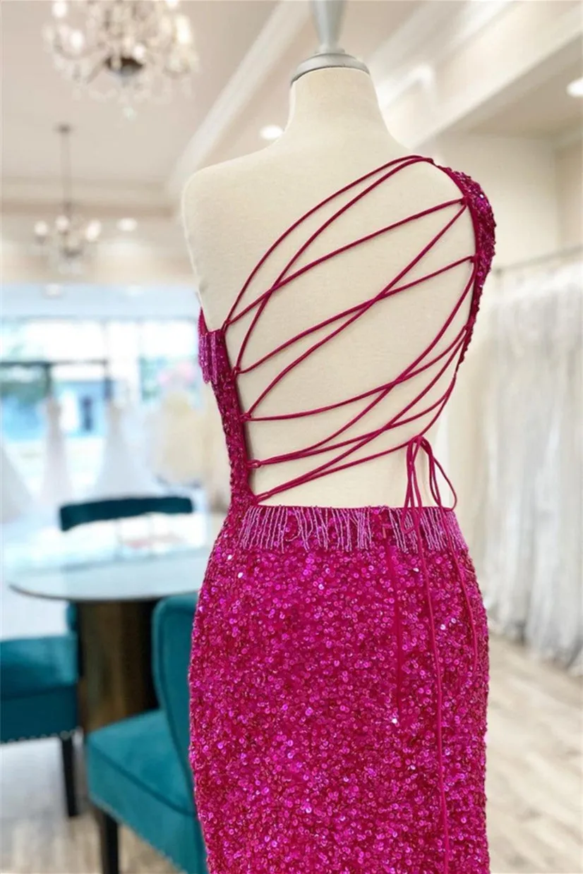 Fuchsia One Shoulder Lace-Up Sequins Homecoming Dress with Tassels