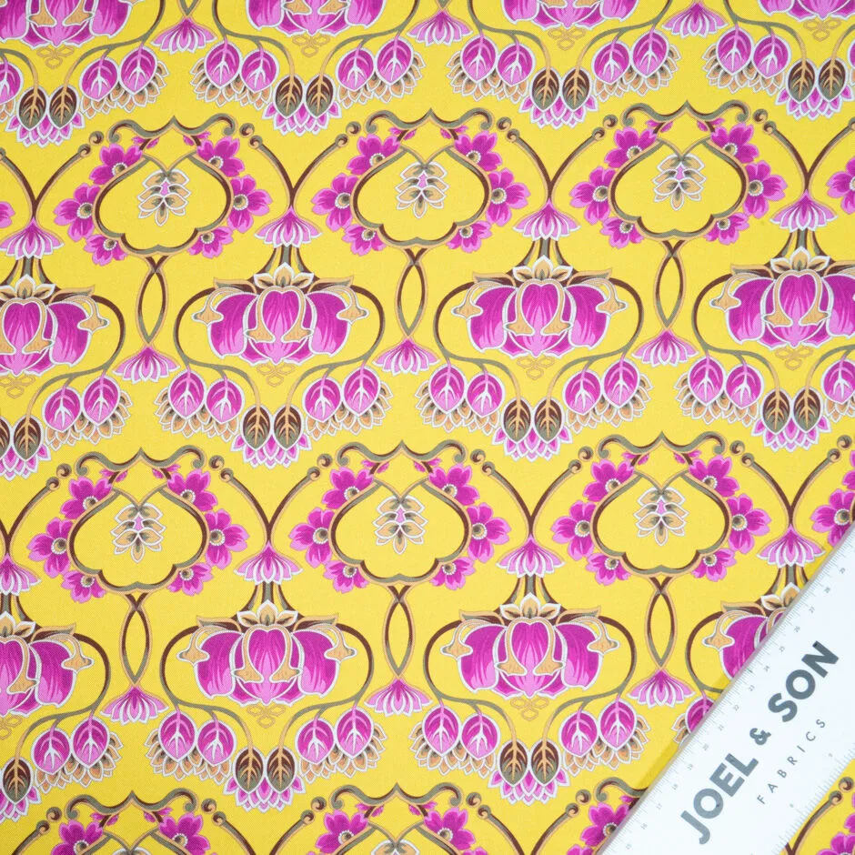 Fuchsia Pink Printed Deep Yellow Silk Twill