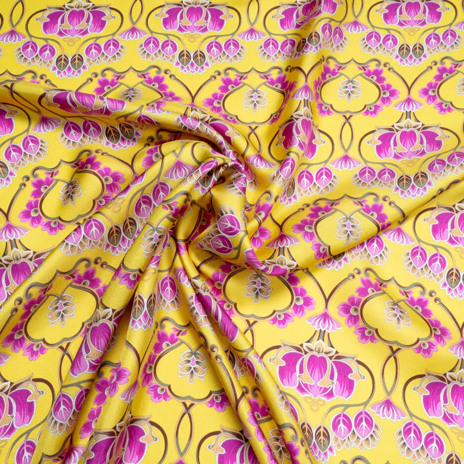 Fuchsia Pink Printed Deep Yellow Silk Twill