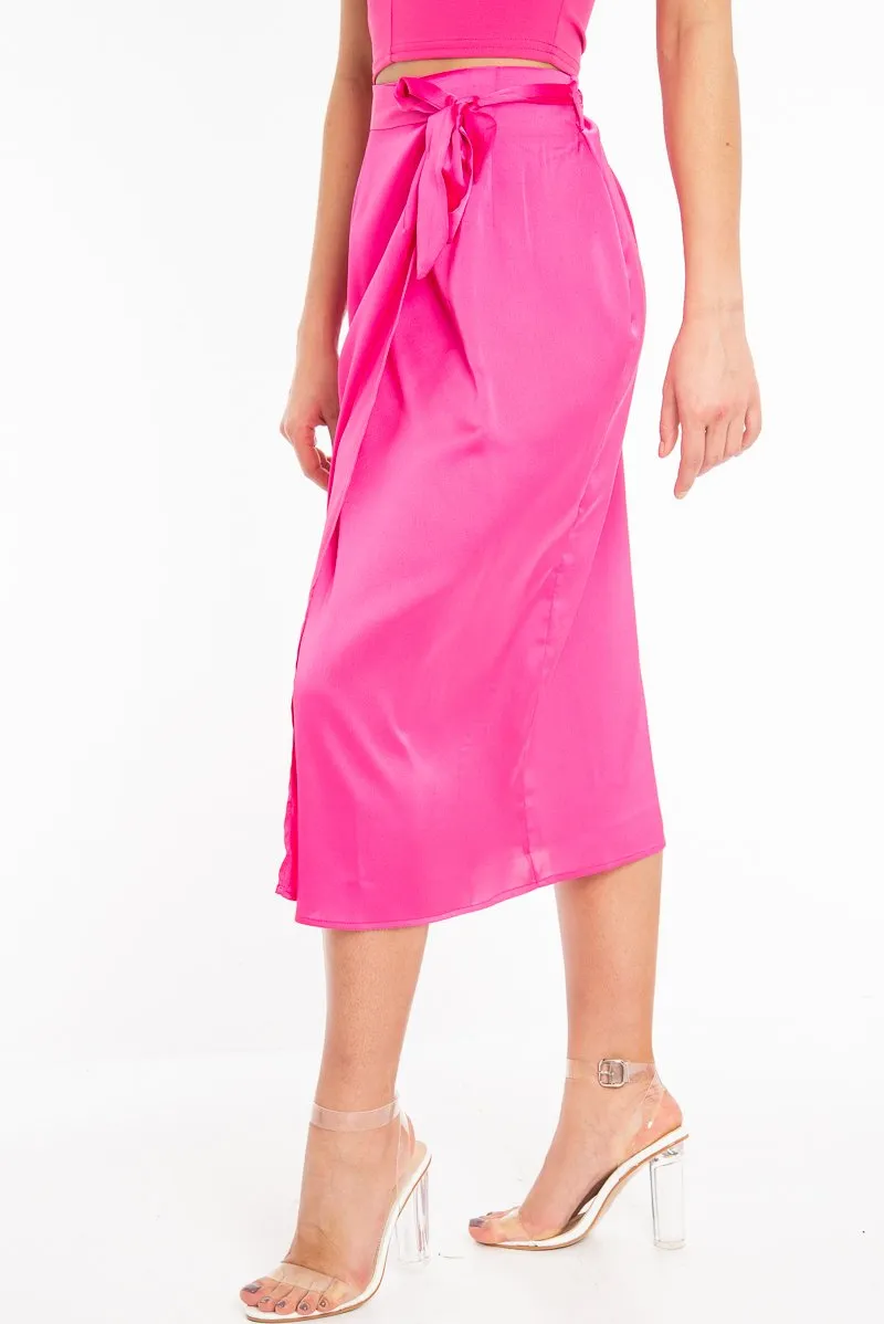 Fuchsia Wrap Tie Side Satin Midi Skirt - Mailah