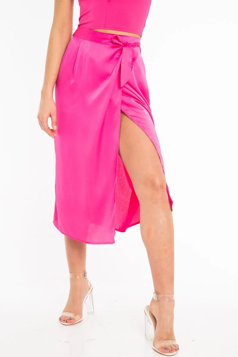 Fuchsia Wrap Tie Side Satin Midi Skirt - Mailah