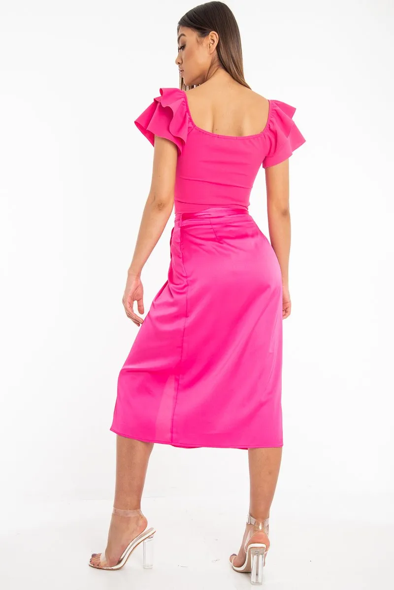 Fuchsia Wrap Tie Side Satin Midi Skirt - Mailah