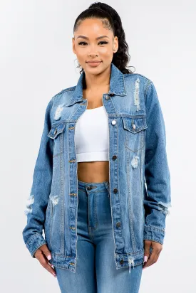 Full Size Button Up Distressed Denim Jacket