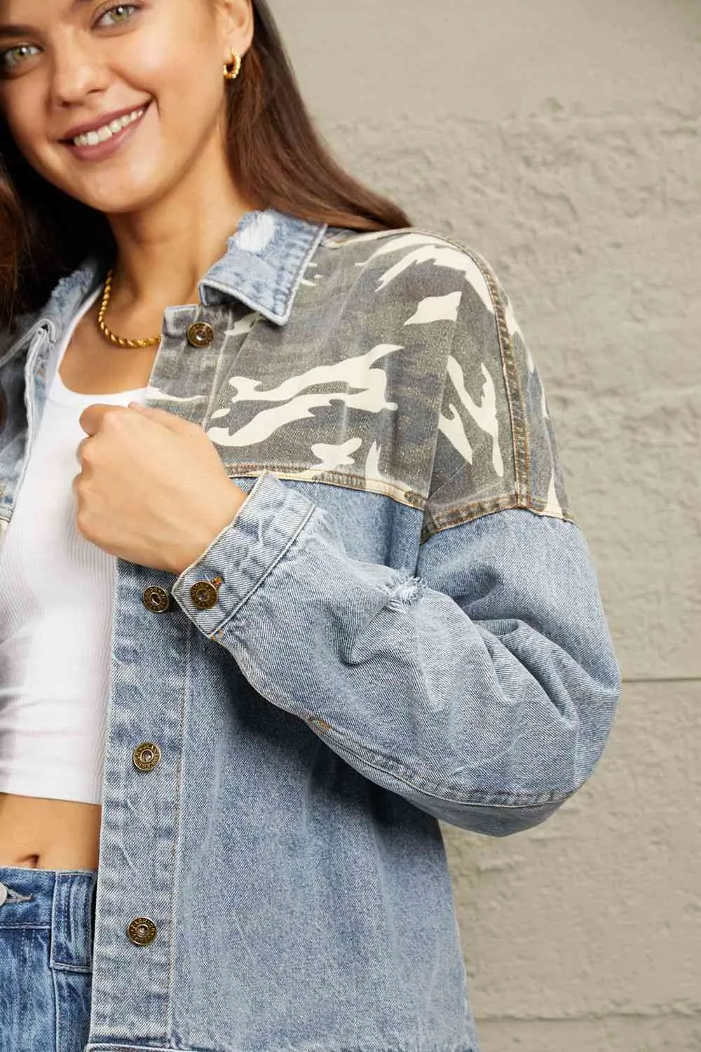 Full Size Washed Denim Camo Contrast Jacket