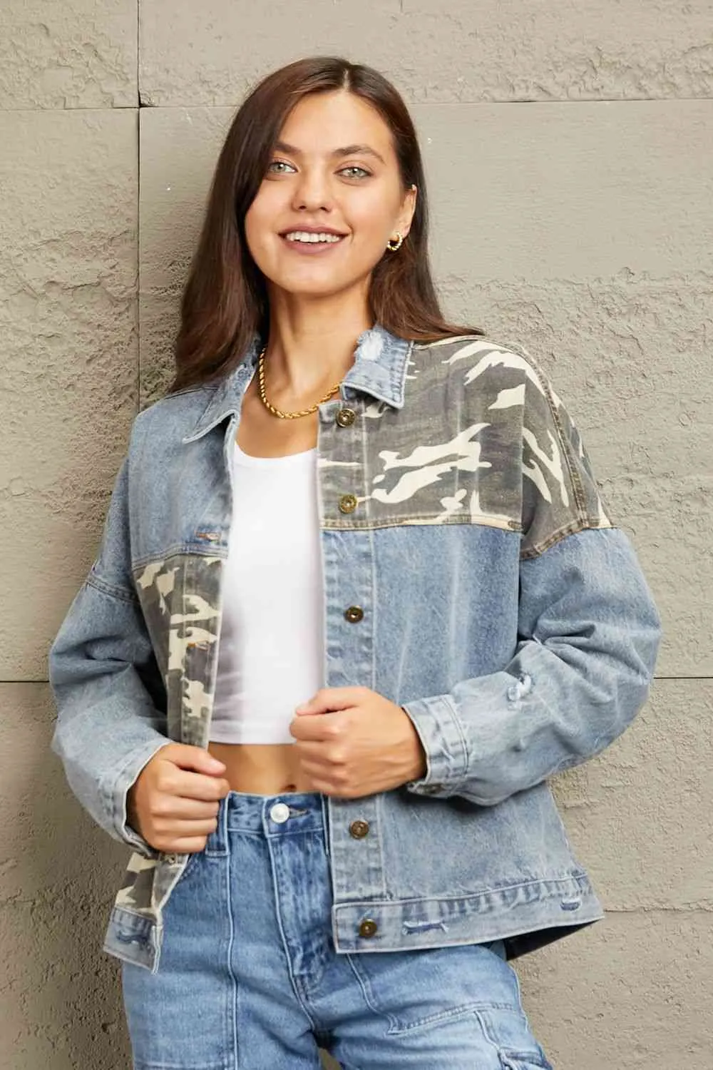 Full Size Washed Denim Camo Contrast Jacket