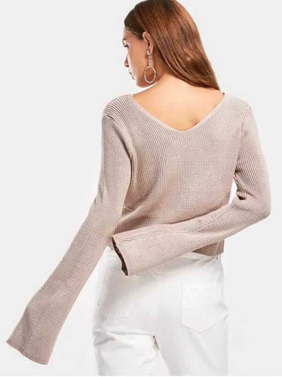 Fun Flare Sleeve Cropped V Neck Sweater