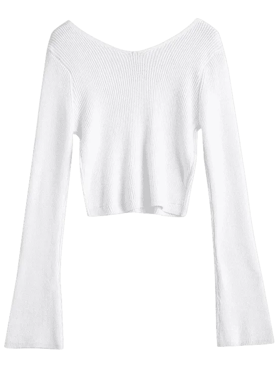 Fun Flare Sleeve Cropped V Neck Sweater