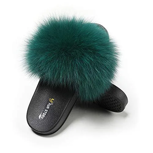 Fur Story Ladies Fox Fur Outdoor Fluffy Slippers